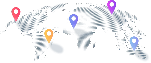 World map with location markers illustrating international channel coverage